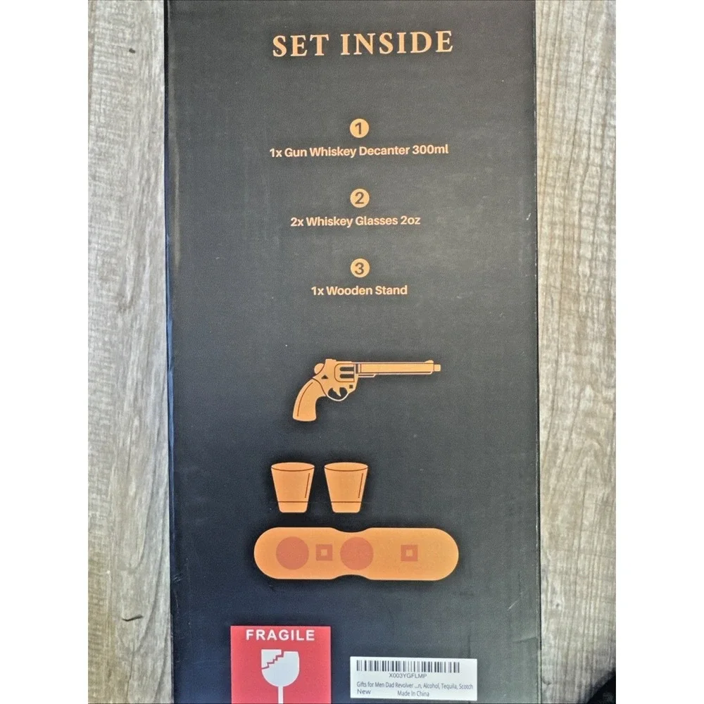 Craftgen Gun Whiskey Decanter Set Hand Blown Glass Revolver 300ml Wooden Stand